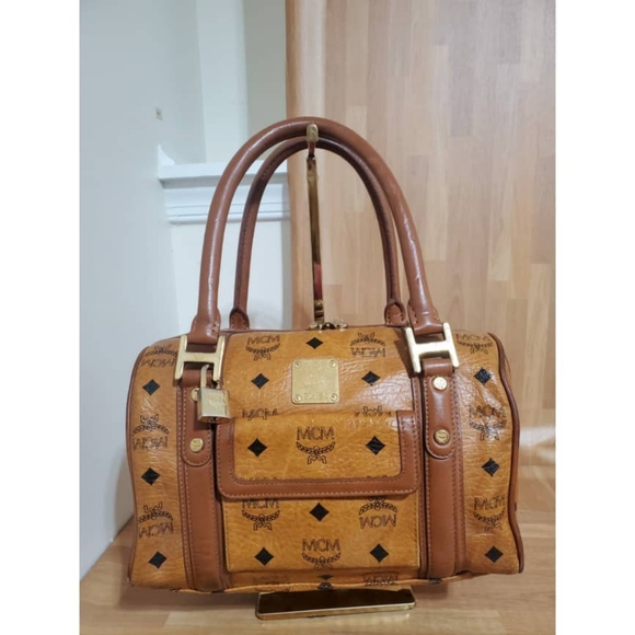 MCM Handbags - Authentic MCM Cognac Visetos Leather Boston Bag